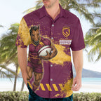 Personalised Brisbane Broncos Rugby Hawaiian Shirt Bronx Mascot Grunge Maroon Gold - Sporty Splash Art Style