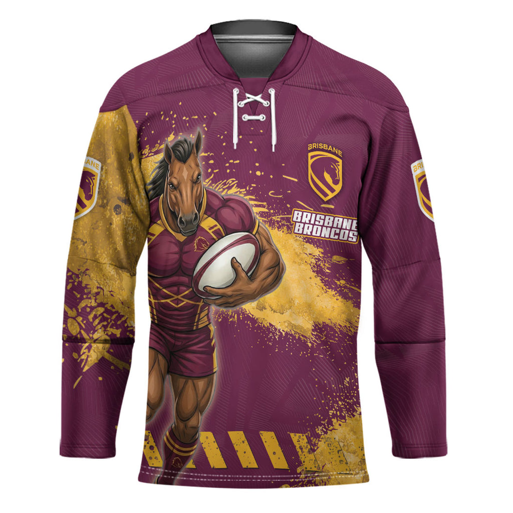 Personalised Brisbane Broncos Rugby Hockey Jersey Bronx Mascot Grunge Maroon Gold - Sporty Splash Art Style