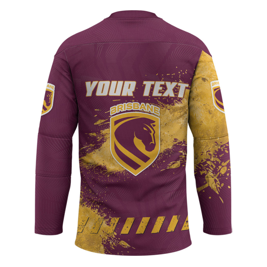 Personalised Brisbane Broncos Rugby Hockey Jersey Bronx Mascot Grunge Maroon Gold - Sporty Splash Art Style