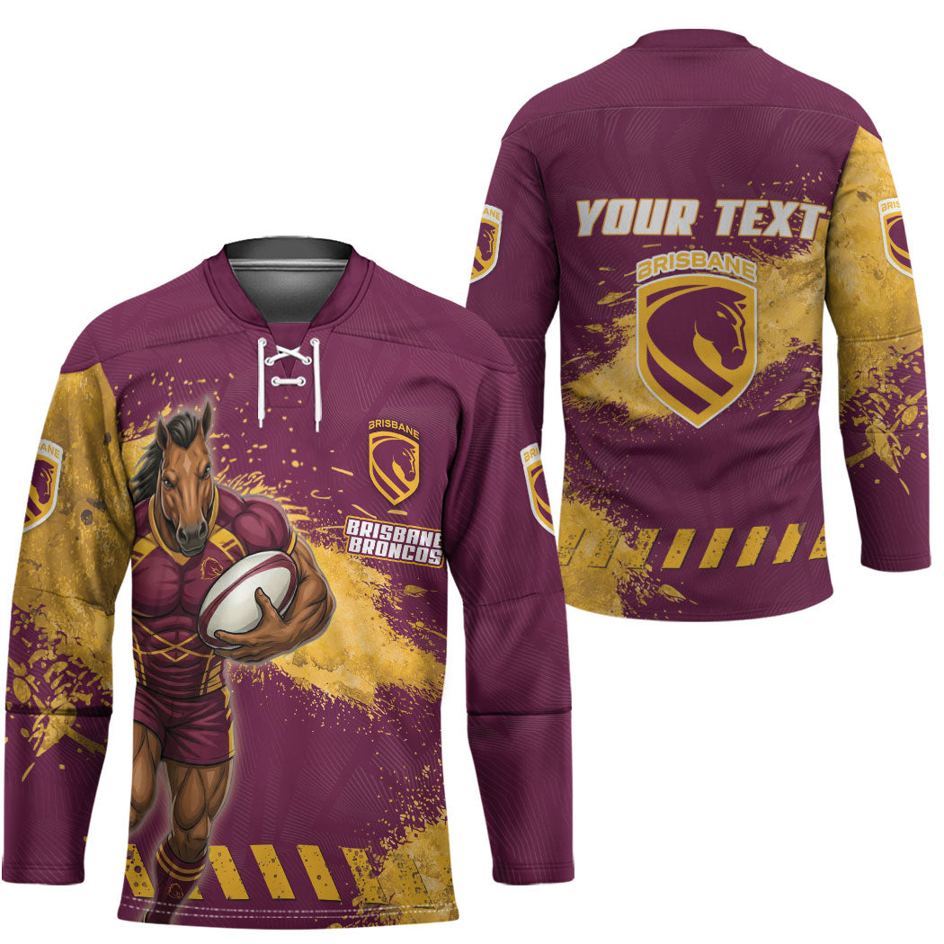 Personalised Brisbane Broncos Rugby Hockey Jersey Bronx Mascot Grunge Maroon Gold - Sporty Splash Art Style