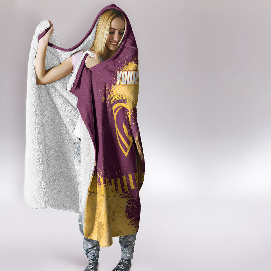 Personalised Brisbane Broncos Rugby Hooded Blanket Bronx Mascot Grunge Maroon Gold - Sporty Splash Art Style