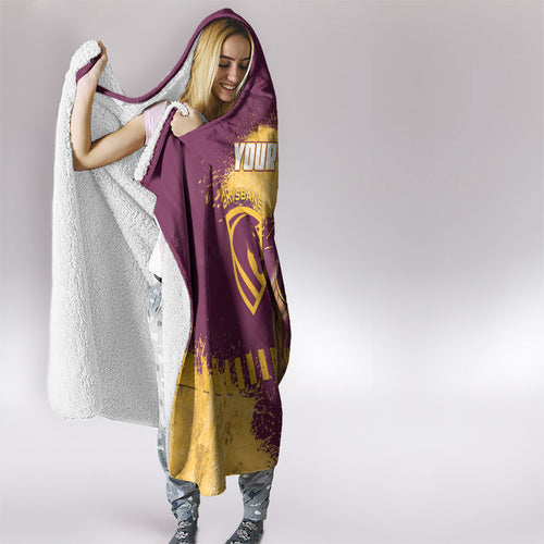 Personalised Brisbane Broncos Rugby Hooded Blanket Bronx Mascot Grunge Maroon Gold - Sporty Splash Art Style