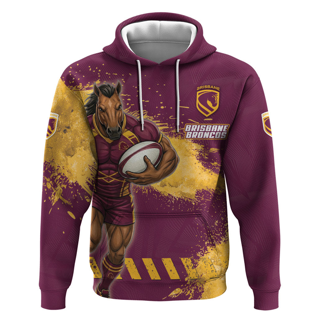 Personalised Brisbane Broncos Rugby Hoodie Bronx Mascot Grunge Maroon Gold - Sporty Splash Art Style