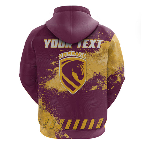 Personalised Brisbane Broncos Rugby Hoodie Bronx Mascot Grunge Maroon Gold - Sporty Splash Art Style