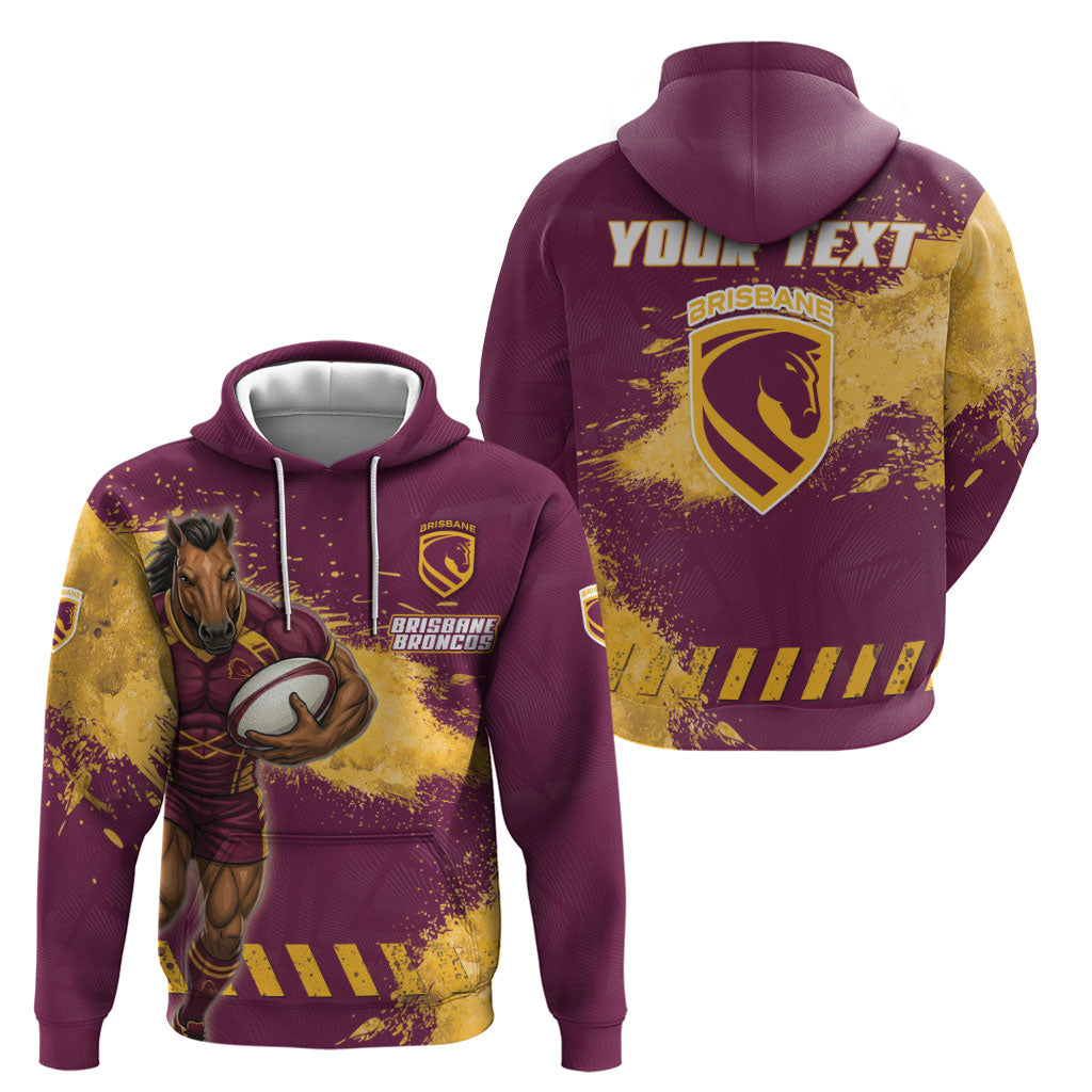 Personalised Brisbane Broncos Rugby Hoodie Bronx Mascot Grunge Maroon Gold - Sporty Splash Art Style