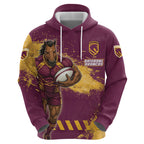 Personalised Brisbane Broncos Rugby Hoodie Bronx Mascot Grunge Maroon Gold - Sporty Splash Art Style