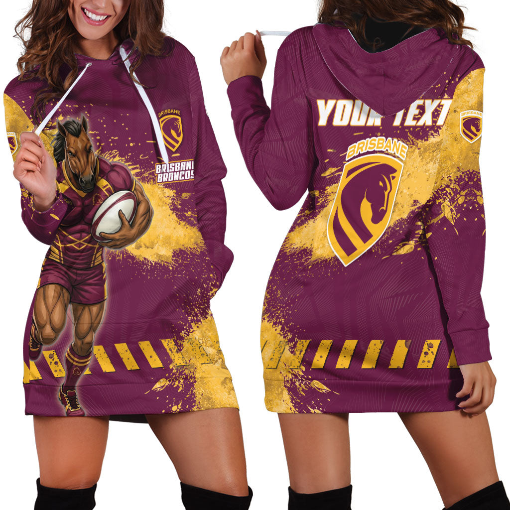 Personalised Brisbane Broncos Rugby Hoodie Dress Bronx Mascot Grunge Maroon Gold - Sporty Splash Art Style