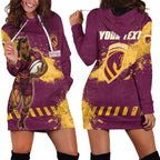 Personalised Brisbane Broncos Rugby Hoodie Dress Bronx Mascot Grunge Maroon Gold - Sporty Splash Art Style