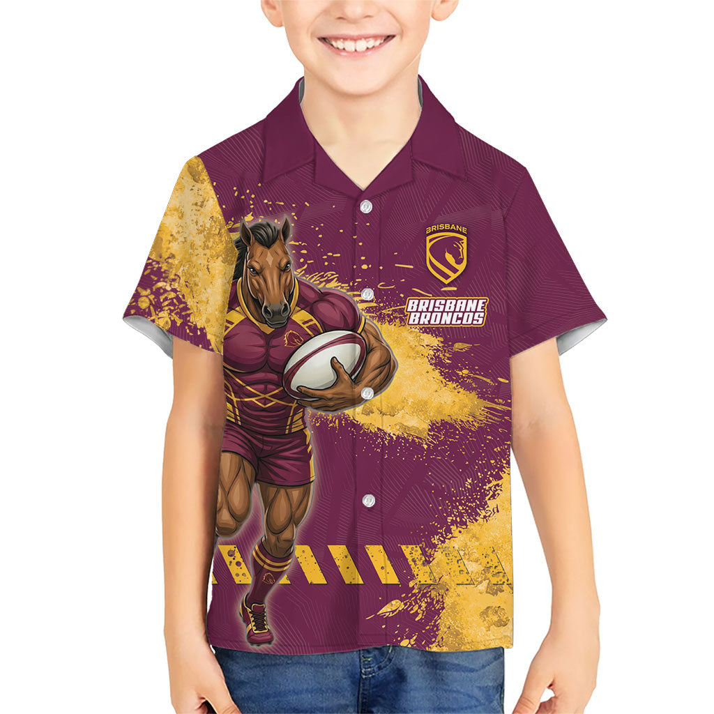 Personalised Brisbane Broncos Rugby Kid Hawaiian Shirt Bronx Mascot Grunge Maroon Gold - Sporty Splash Art Style