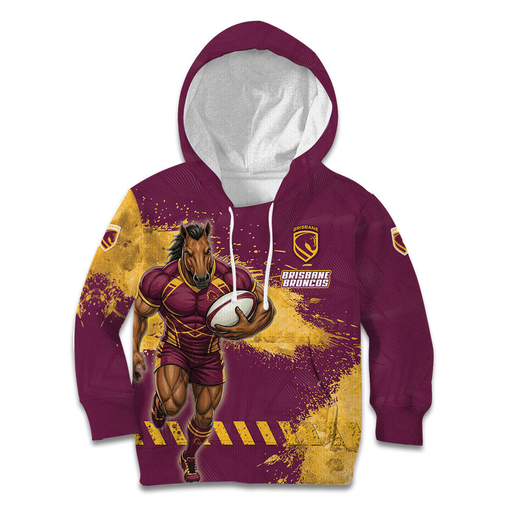 Personalised Brisbane Broncos Rugby Kid Hoodie Bronx Mascot Grunge Maroon Gold - Sporty Splash Art Style
