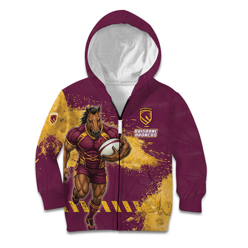 Personalised Brisbane Broncos Rugby Kid Hoodie Bronx Mascot Grunge Maroon Gold - Sporty Splash Art Style