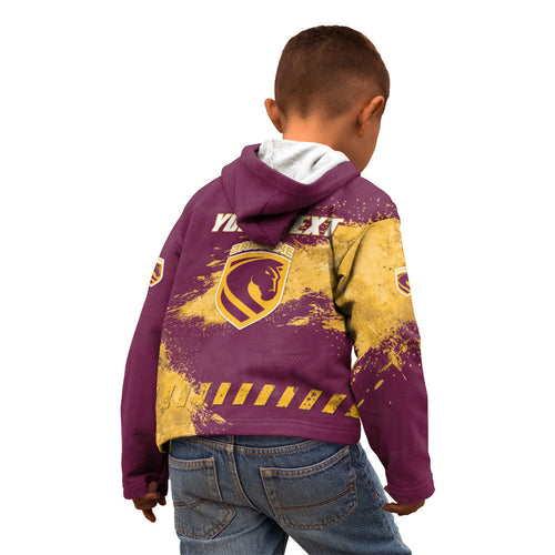 Personalised Brisbane Broncos Rugby Kid Hoodie Bronx Mascot Grunge Maroon Gold - Sporty Splash Art Style