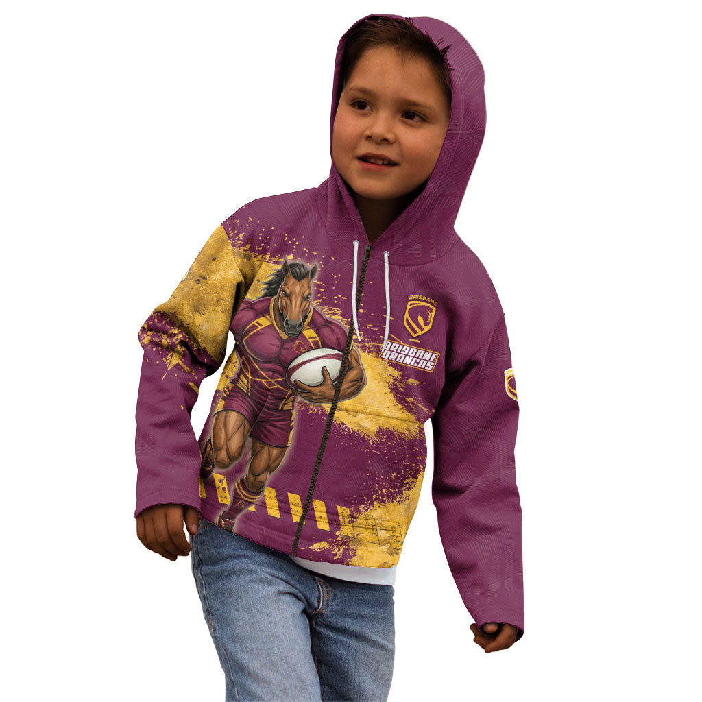 Personalised Brisbane Broncos Rugby Kid Hoodie Bronx Mascot Grunge Maroon Gold - Sporty Splash Art Style
