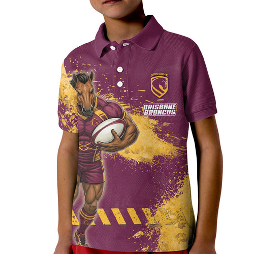 Personalised Brisbane Broncos Rugby Kid Polo Shirt Bronx Mascot Grunge Maroon Gold - Sporty Splash Art Style
