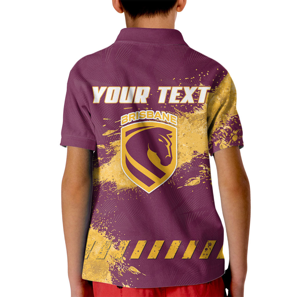 Personalised Brisbane Broncos Rugby Kid Polo Shirt Bronx Mascot Grunge Maroon Gold - Sporty Splash Art Style