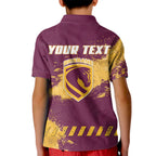 Personalised Brisbane Broncos Rugby Kid Polo Shirt Bronx Mascot Grunge Maroon Gold - Sporty Splash Art Style