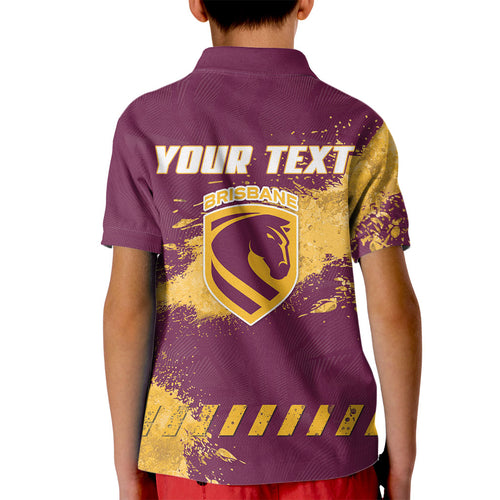 Personalised Brisbane Broncos Rugby Kid Polo Shirt Bronx Mascot Grunge Maroon Gold - Sporty Splash Art Style