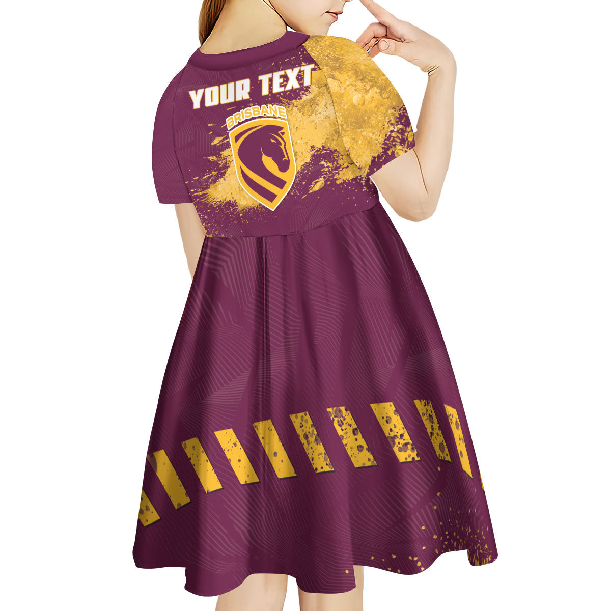 Personalised Brisbane Broncos Rugby Kid Short Sleeve Dress Bronx Mascot Grunge Maroon Gold - Sporty Splash Art Style