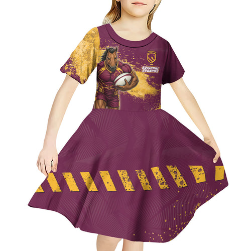 Personalised Brisbane Broncos Rugby Kid Short Sleeve Dress Bronx Mascot Grunge Maroon Gold - Sporty Splash Art Style
