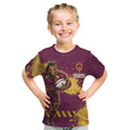 Personalised Brisbane Broncos Rugby Kid T Shirt Bronx Mascot Grunge Maroon Gold - Sporty Splash Art Style