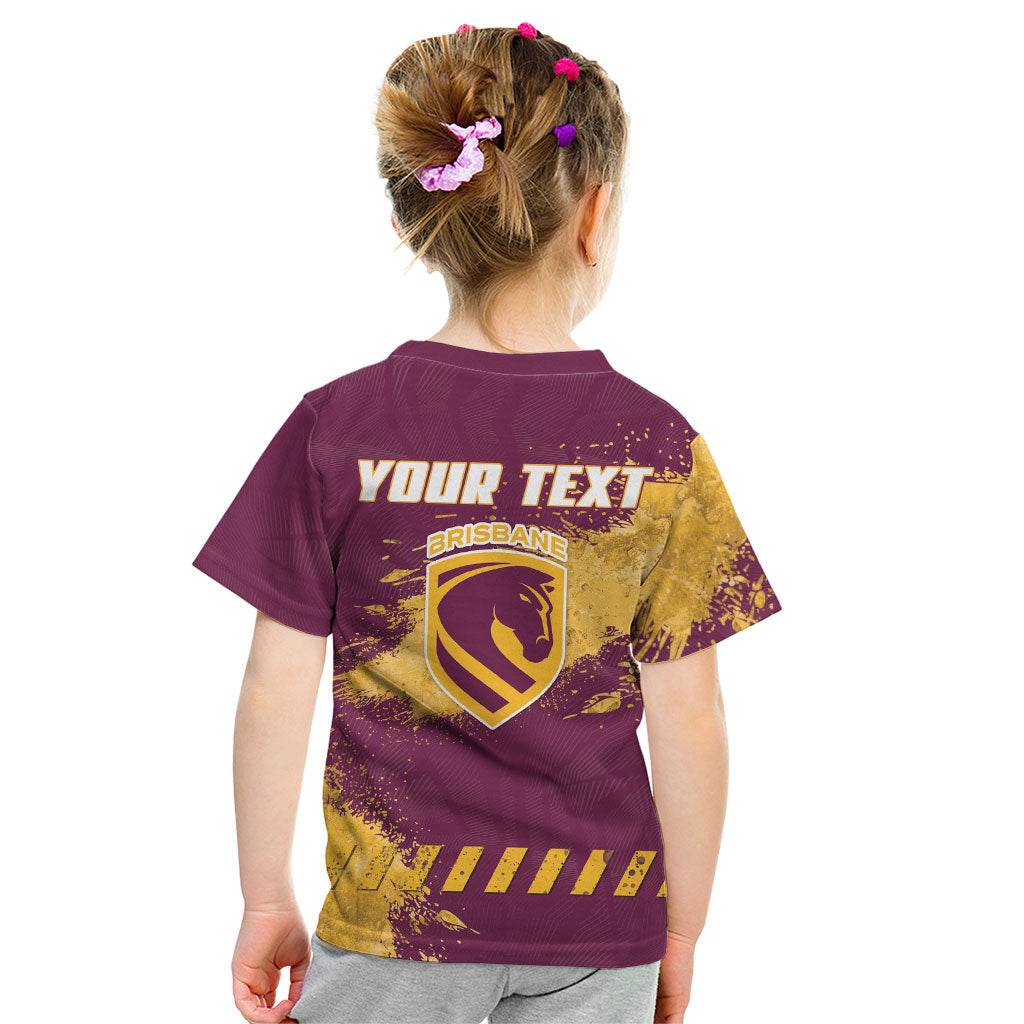 Personalised Brisbane Broncos Rugby Kid T Shirt Bronx Mascot Grunge Maroon Gold - Sporty Splash Art Style