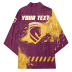 Personalised Brisbane Broncos Rugby Kimono Bronx Mascot Grunge Maroon Gold - Sporty Splash Art Style