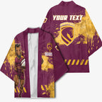 Personalised Brisbane Broncos Rugby Kimono Bronx Mascot Grunge Maroon Gold - Sporty Splash Art Style