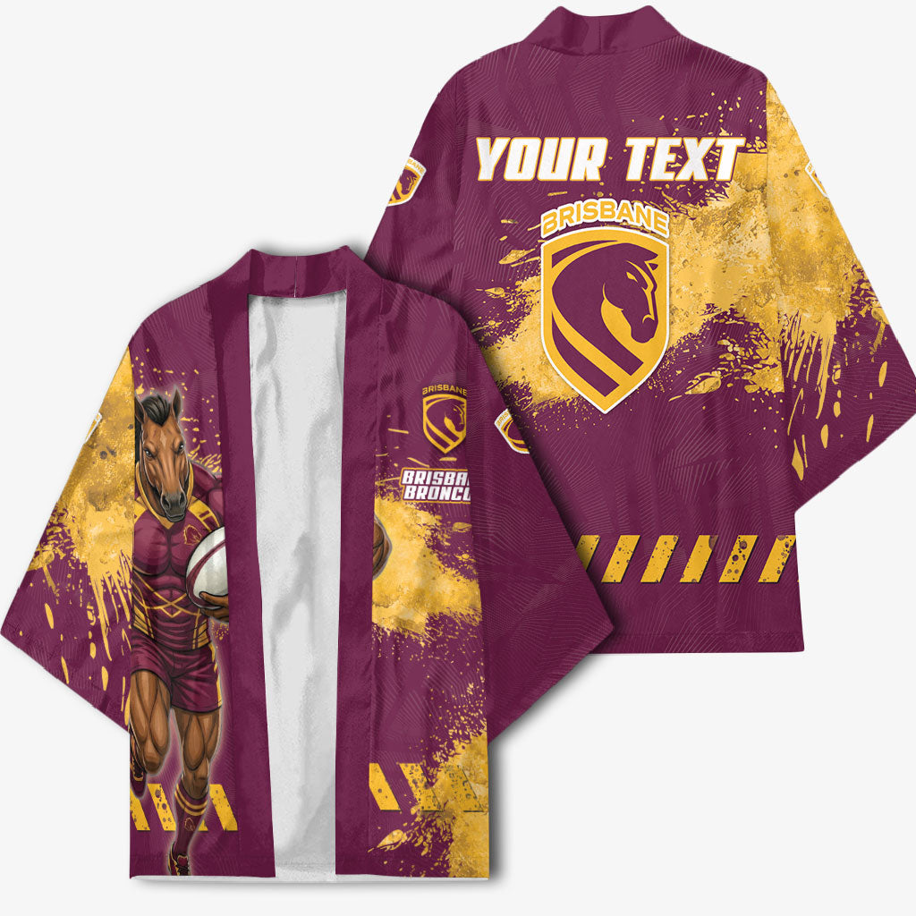 Personalised Brisbane Broncos Rugby Kimono Bronx Mascot Grunge Maroon Gold - Sporty Splash Art Style