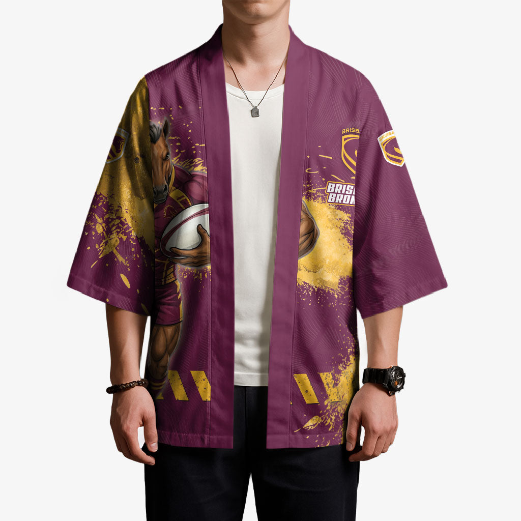 Personalised Brisbane Broncos Rugby Kimono Bronx Mascot Grunge Maroon Gold - Sporty Splash Art Style