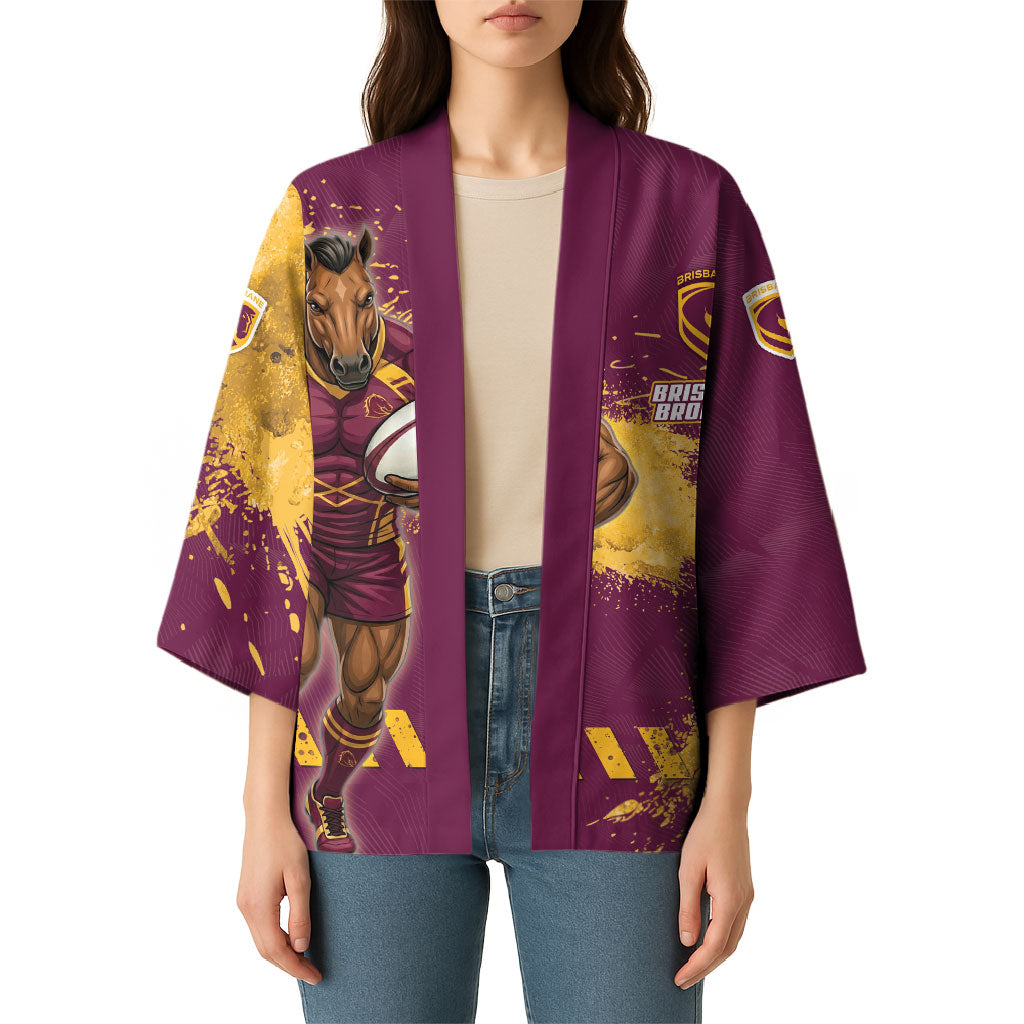 Personalised Brisbane Broncos Rugby Kimono Bronx Mascot Grunge Maroon Gold - Sporty Splash Art Style