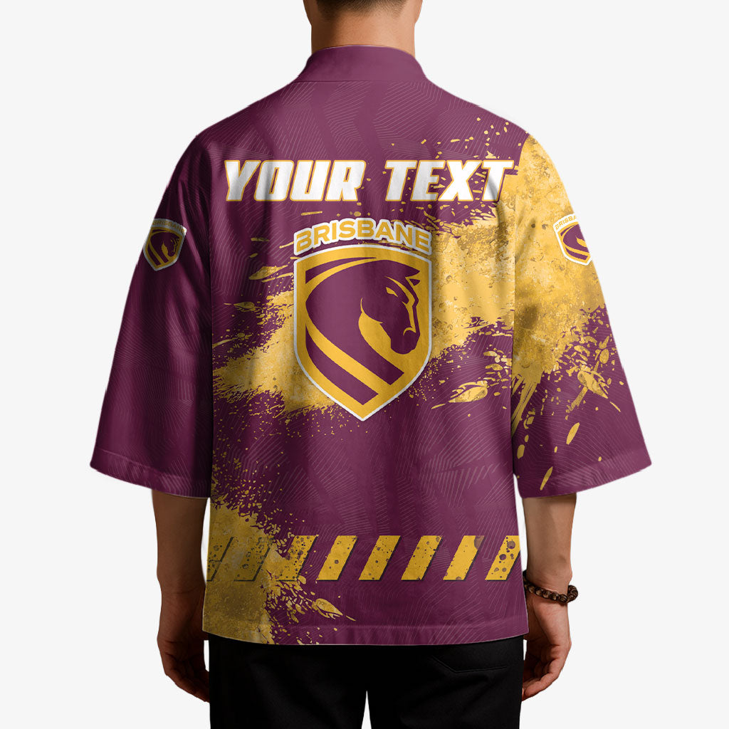 Personalised Brisbane Broncos Rugby Kimono Bronx Mascot Grunge Maroon Gold - Sporty Splash Art Style