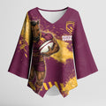 Personalised Brisbane Broncos Rugby Kimono Sleeve Blouse Bronx Mascot Grunge Maroon Gold - Sporty Splash Art Style
