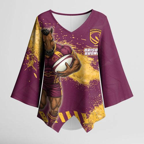 Personalised Brisbane Broncos Rugby Kimono Sleeve Blouse Bronx Mascot Grunge Maroon Gold - Sporty Splash Art Style