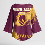 Personalised Brisbane Broncos Rugby Kimono Sleeve Blouse Bronx Mascot Grunge Maroon Gold - Sporty Splash Art Style