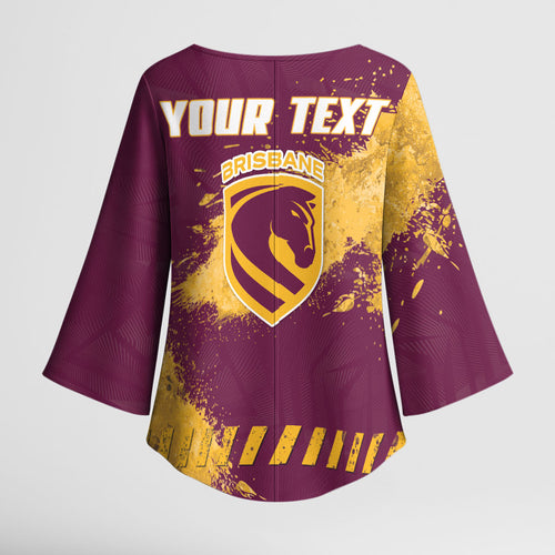 Personalised Brisbane Broncos Rugby Kimono Sleeve Blouse Bronx Mascot Grunge Maroon Gold - Sporty Splash Art Style