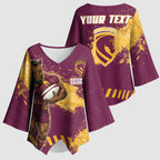 Personalised Brisbane Broncos Rugby Kimono Sleeve Blouse Bronx Mascot Grunge Maroon Gold - Sporty Splash Art Style