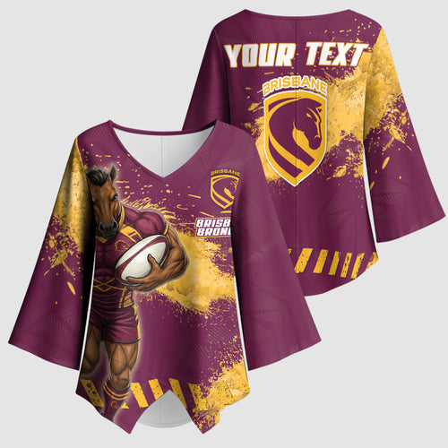 Personalised Brisbane Broncos Rugby Kimono Sleeve Blouse Bronx Mascot Grunge Maroon Gold - Sporty Splash Art Style