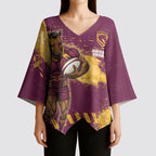 Personalised Brisbane Broncos Rugby Kimono Sleeve Blouse Bronx Mascot Grunge Maroon Gold - Sporty Splash Art Style