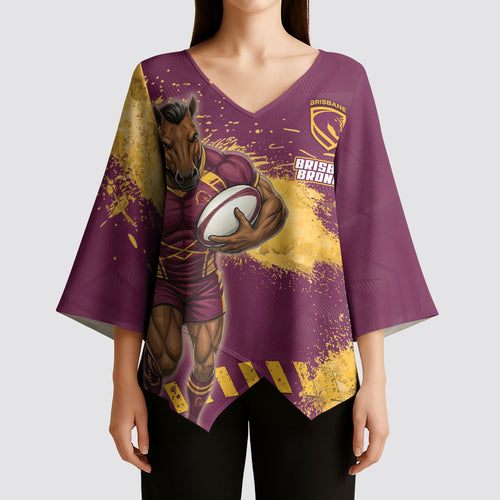 Personalised Brisbane Broncos Rugby Kimono Sleeve Blouse Bronx Mascot Grunge Maroon Gold - Sporty Splash Art Style