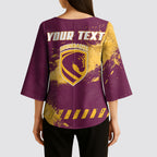 Personalised Brisbane Broncos Rugby Kimono Sleeve Blouse Bronx Mascot Grunge Maroon Gold - Sporty Splash Art Style