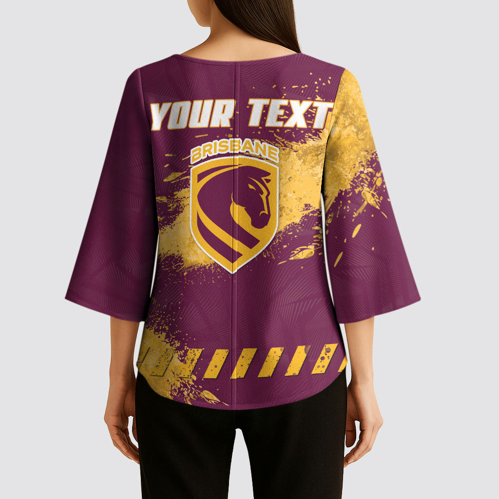 Personalised Brisbane Broncos Rugby Kimono Sleeve Blouse Bronx Mascot Grunge Maroon Gold - Sporty Splash Art Style