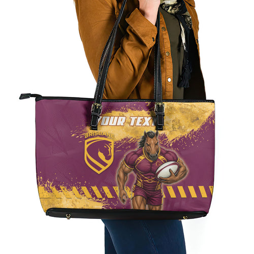 Personalised Brisbane Broncos Rugby Leather Tote Bag Bronx Mascot Grunge Maroon Gold - Sporty Splash Art Style