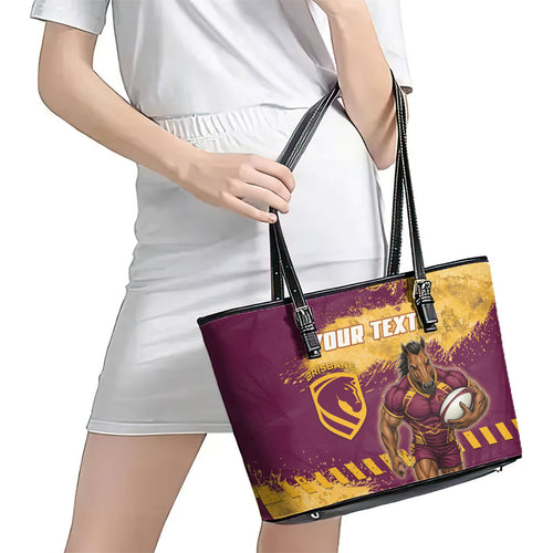 Personalised Brisbane Broncos Rugby Leather Tote Bag Bronx Mascot Grunge Maroon Gold - Sporty Splash Art Style