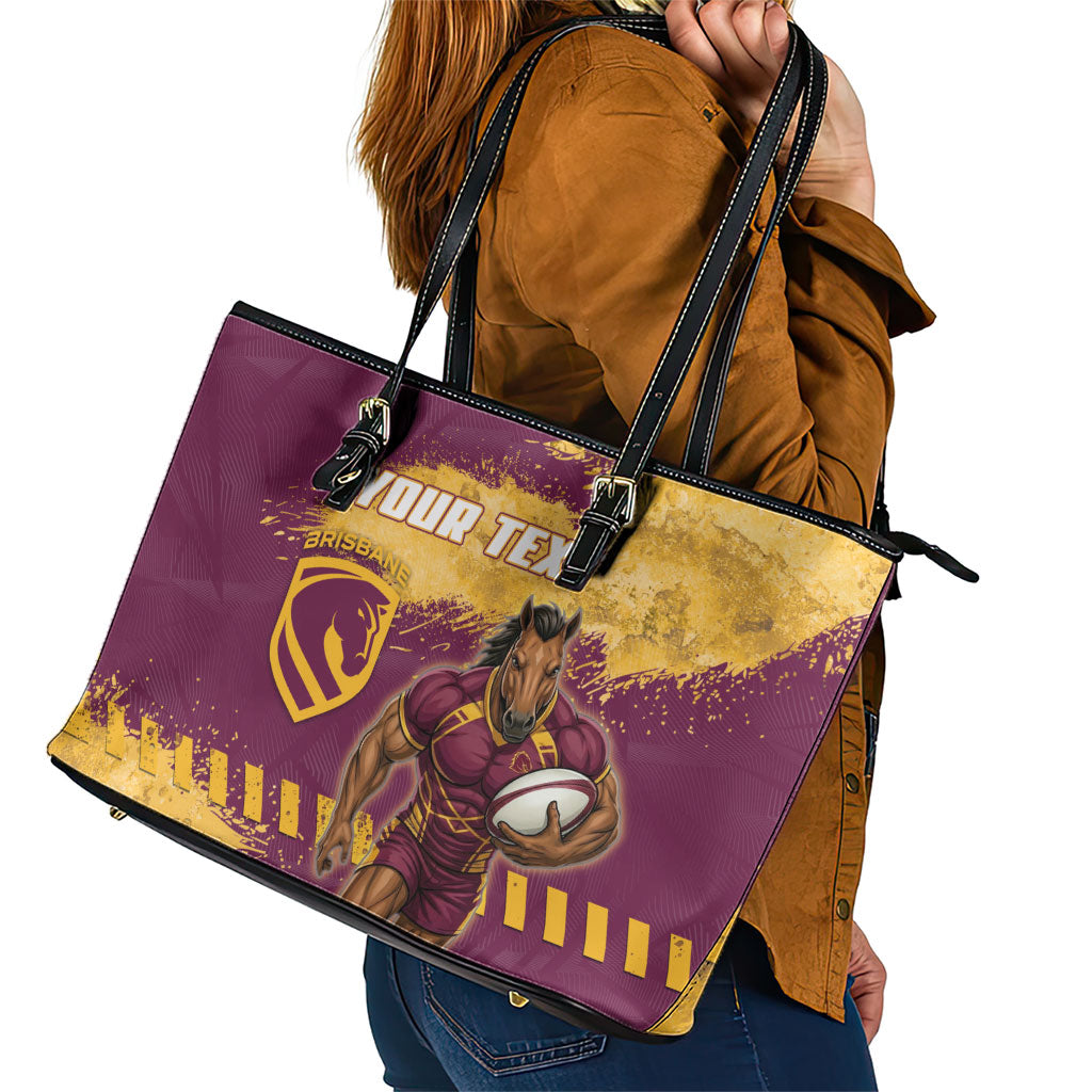 Personalised Brisbane Broncos Rugby Leather Tote Bag Bronx Mascot Grunge Maroon Gold - Sporty Splash Art Style