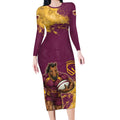 Personalised Brisbane Broncos Rugby Long Sleeve Bodycon Dress Bronx Mascot Grunge Maroon Gold - Sporty Splash Art Style