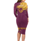 Personalised Brisbane Broncos Rugby Long Sleeve Bodycon Dress Bronx Mascot Grunge Maroon Gold - Sporty Splash Art Style