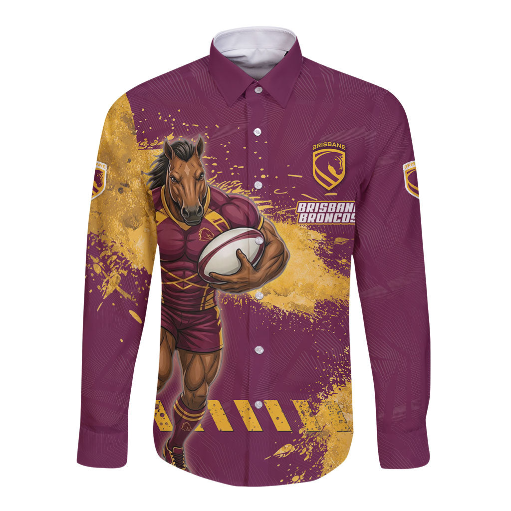 Personalised Brisbane Broncos Rugby Long Sleeve Button Shirt Bronx Mascot Grunge Maroon Gold - Sporty Splash Art Style