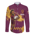 Personalised Brisbane Broncos Rugby Long Sleeve Button Shirt Bronx Mascot Grunge Maroon Gold - Sporty Splash Art Style