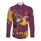 Personalised Brisbane Broncos Rugby Long Sleeve Button Shirt Bronx Mascot Grunge Maroon Gold - Sporty Splash Art Style