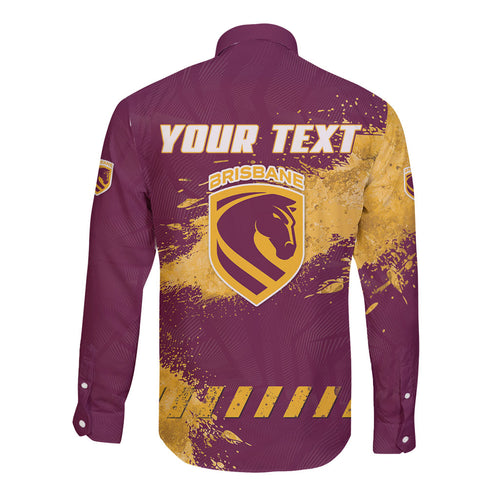 Personalised Brisbane Broncos Rugby Long Sleeve Button Shirt Bronx Mascot Grunge Maroon Gold - Sporty Splash Art Style